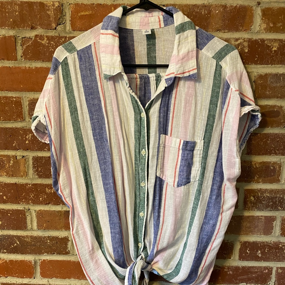 Linen blend tie front top